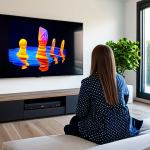 A professional adult, fully clothed in modest, comfortable attire, seated comfortably in a modern, well-lit living room. A large, high-definition 4K television screen displays a vibrant, abstract light pattern. The room features subtle, high-quality audio speakers integrated into the decor, creating an immersive home entertainment experience. Professional photography, cinematic lighting, ultra-high definition, sharp focus, perfect anatomy, correct proportions, natural pose, well-formed hands, proper finger count, natural body proportions, safe for work, appropriate content, fully clothed, modest clothing, family-friendly, professional image.