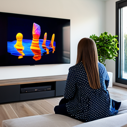 Home 6 A professional adult, fully clothed in modest, comfortable attire, seated comfortably in a modern, well-lit living room. A large, high-definition 4K television screen displays a vibrant, abstract light pattern. The room features subtle, high-quality audio speakers integrated into the decor, creating an immersive home entertainment experience. Professional photography, cinematic lighting, ultra-high definition, sharp focus, perfect anatomy, correct proportions, natural pose, well-formed hands, proper finger count, natural body proportions, safe for work, appropriate content, fully clothed, modest clothing, family-friendly, professional image.