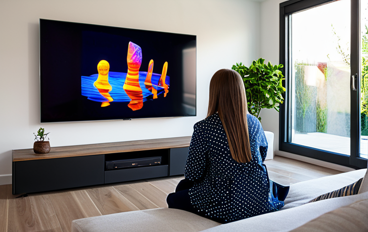 A professional adult, fully clothed in modest, comfortable attire, seated comfortably in a modern, well-lit living room. A large, high-definition 4K television screen displays a vibrant, abstract light pattern. The room features subtle, high-quality audio speakers integrated into the decor, creating an immersive home entertainment experience. Professional photography, cinematic lighting, ultra-high definition, sharp focus, perfect anatomy, correct proportions, natural pose, well-formed hands, proper finger count, natural body proportions, safe for work, appropriate content, fully clothed, modest clothing, family-friendly, professional image.