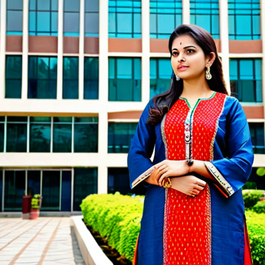 LG 돌비 애트모스 사운드바 - A professional businesswoman wearing a traditional, fully clothed Indian salwar kameez, standing con...