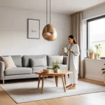 멀티룸 오디오 시스템 - "A serene and modern open-plan living space during a bright morning. A woman in her early 30s, dress...