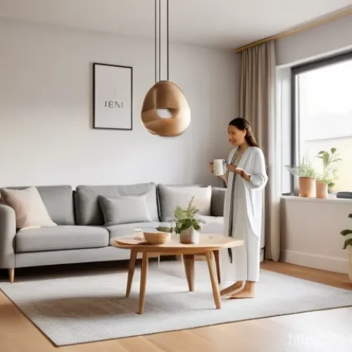 멀티룸 오디오 시스템 - "A serene and modern open-plan living space during a bright morning. A woman in her early 30s, dress...
