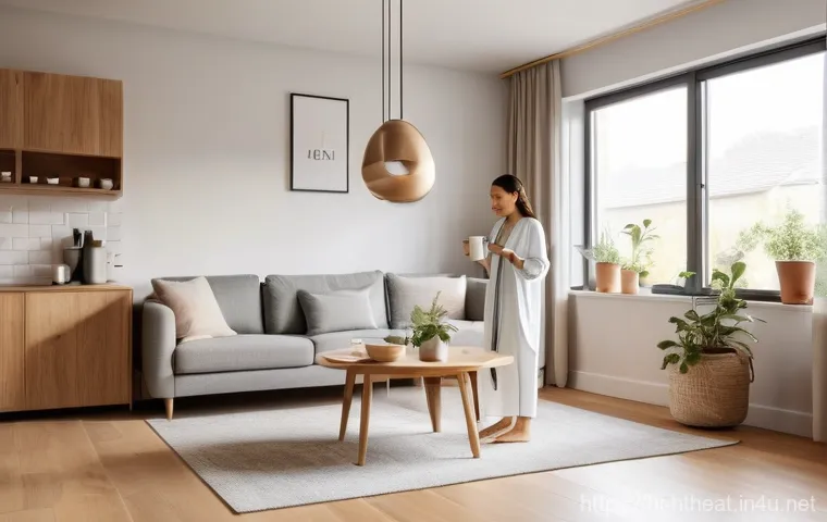 멀티룸 오디오 시스템 - "A serene and modern open-plan living space during a bright morning. A woman in her early 30s, dress...