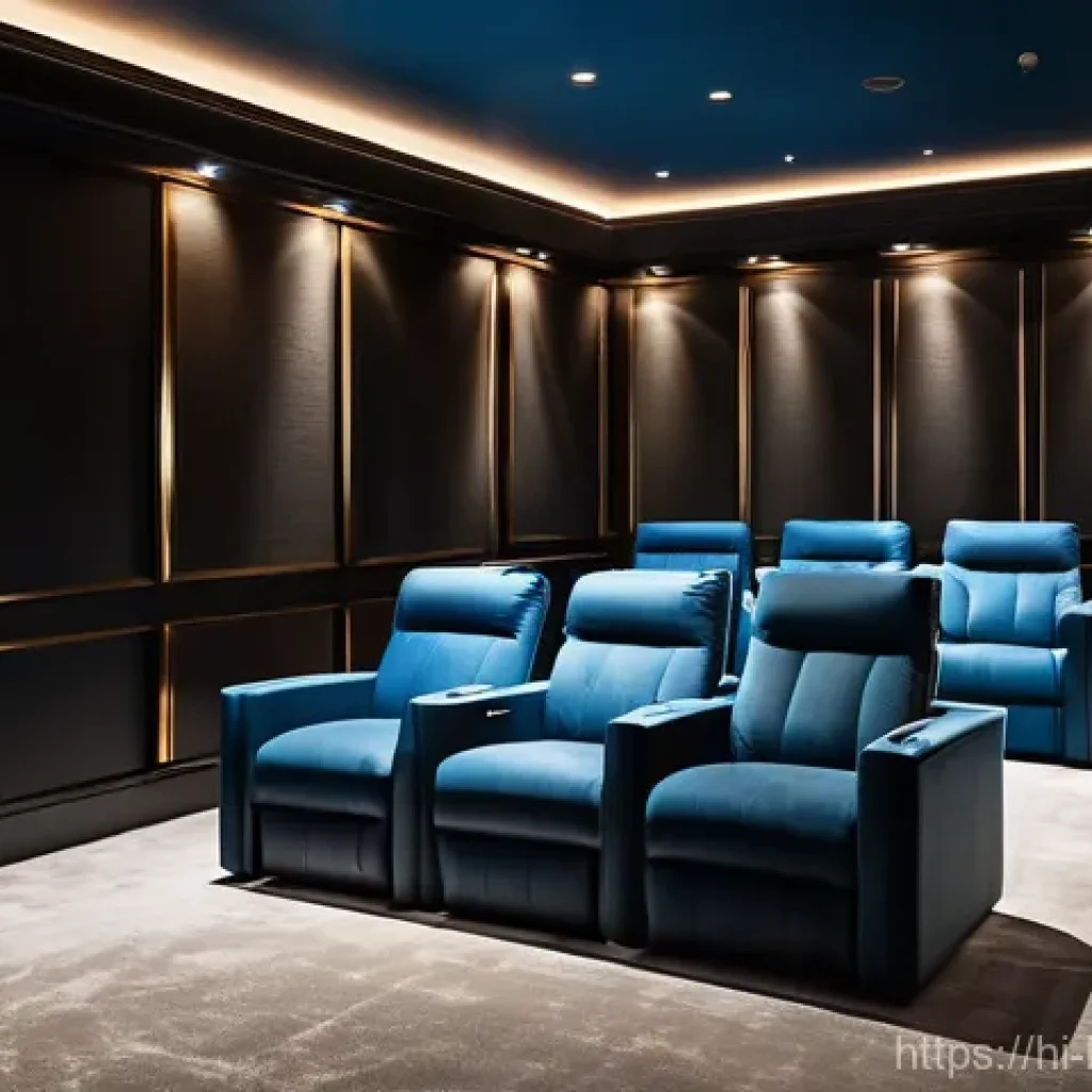 홈시어터 벽면 장식 아이디어 - **Luxurious Cinematic Immersion**:
    A sophisticated home theater wall featuring seamless dark woo...