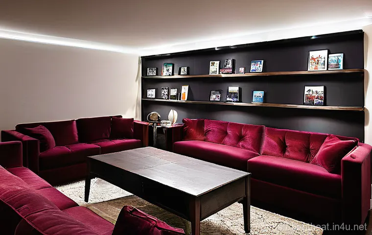 홈시어터 벽면 장식 아이디어 - **Sci-Fi Galaxy Escape**:
    An imaginative home theater accent wall, predominantly dark grey, ador...