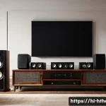 Home 17 홈시어터 유지보수 팁 - A modern home theater setup in an Indian living room with sleek speakers carefully positioned on sta...