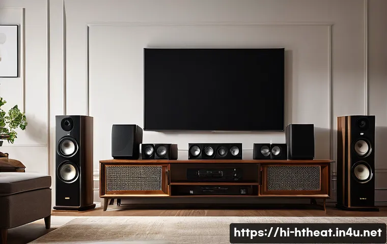 홈시어터 유지보수 팁 - A modern home theater setup in an Indian living room with sleek speakers carefully positioned on sta...