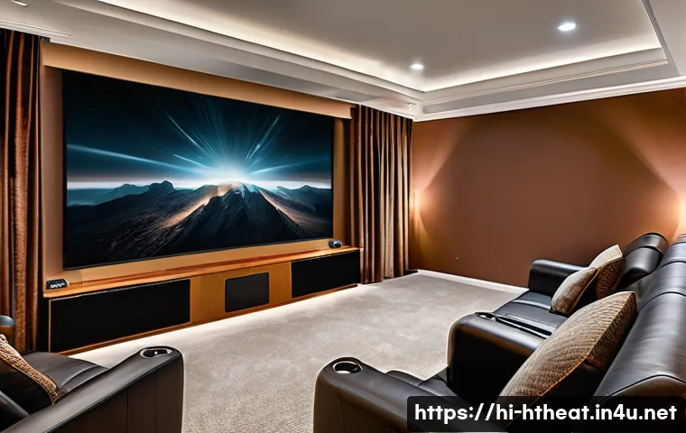 돌비 애트모스 홈시어터 - A modern home theater room showcasing a sophisticated Dolby Atmos sound system setup, featuring ceil...