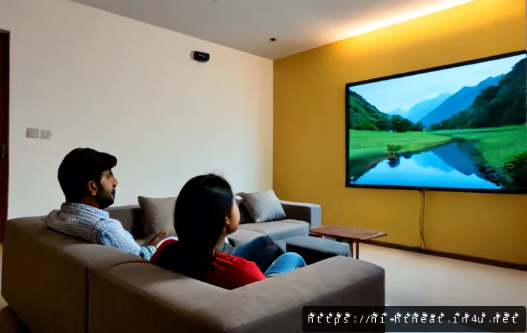 Home 17 빔프로젝터 최적 해상도 설정 - Photorealistic modern Indian living room at evening, a compact ceiling-mounted projector casting a c...